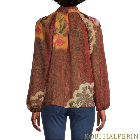 KOBI HALPERIN **NWT** Cleo Paisley-Print Blouson-Sleeve Blouse in Papaya Multi - Picture 8 of 15